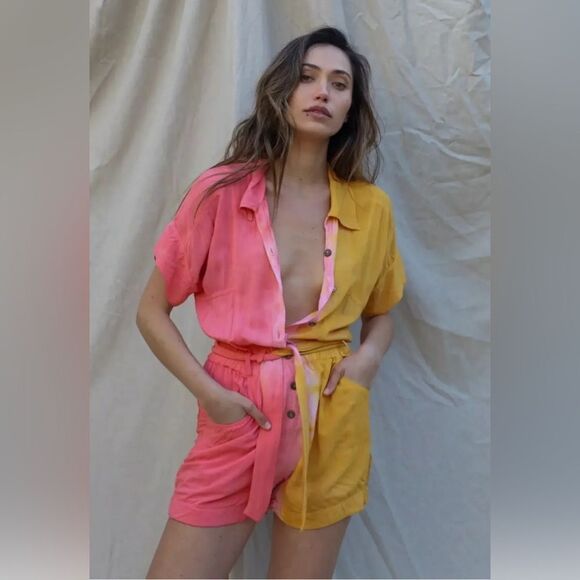 Jens Pirate Booty Tie Dye La Sept Romper Orange Yellow Belted Size XS NWT - Picture 1 of 7